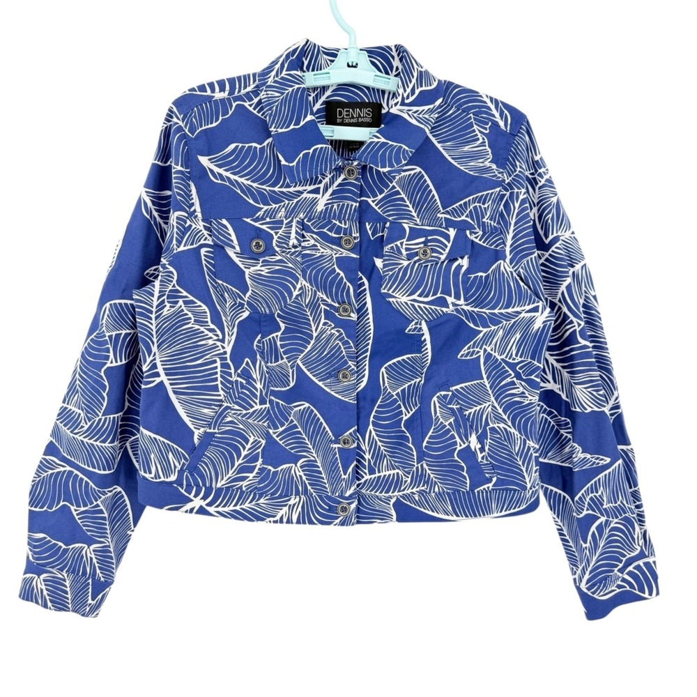 Dennis By Dennis Basso Women's Linen Blend White Leaf Blue Jacket Size 16 NWOT